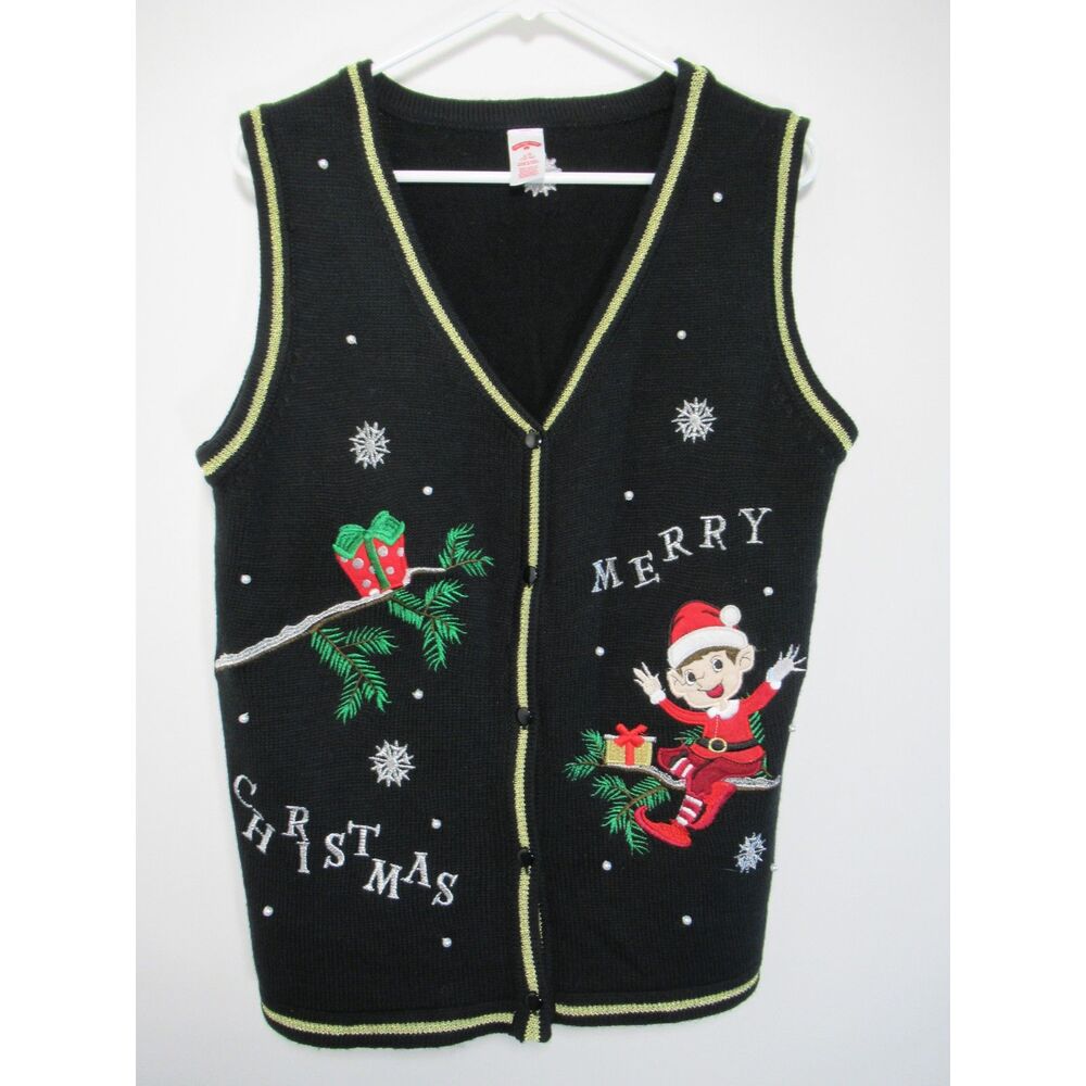 Holiday Time Black Festive Elf Christmas Sweater Vest Size Large